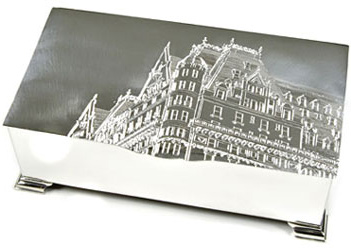 Drawing of Plaza Hotel hand engraved on box